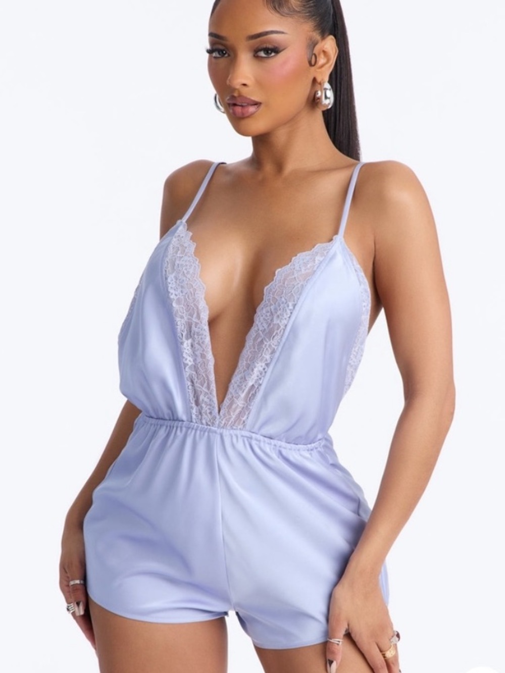 2/75$🔥Lavender Lace-Trim Satin Romper - Women Intimates